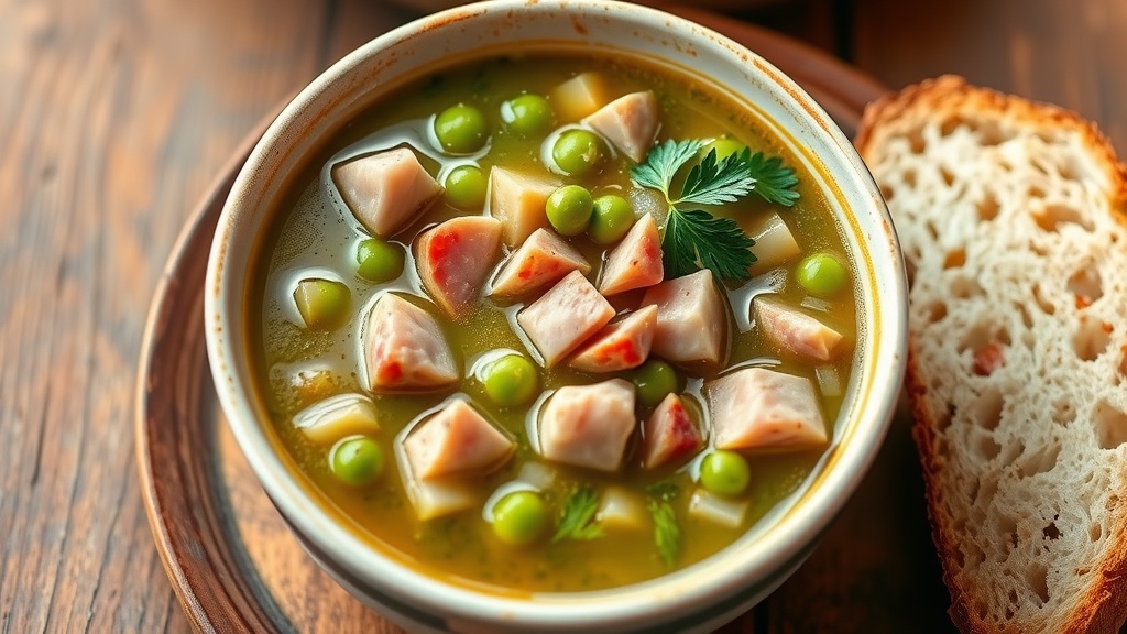 Hearty Pea and Ham Soup Recipe A comforting bowl of Pea and Ham Soup with ham and vegetables garnished with parsley, served with bread.